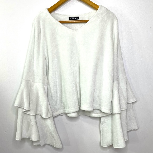 SHEIN Sweaters - SHEIN Fluffy Fuzzy Soft Bell Sleeve White Long Sleeve Shirt Blouse Size Large